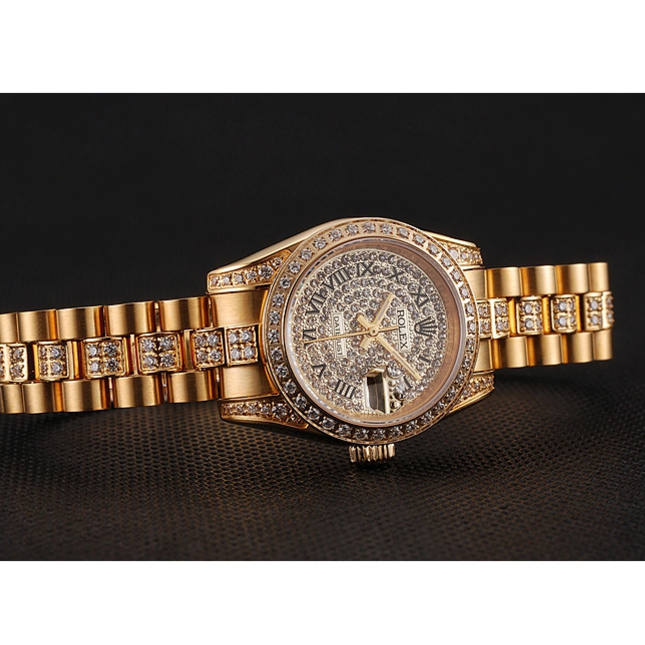 Aaa replica watch Swiss Dial Gold Diamond Rolex 1453955 DayJust Pave Bracelet Diamond 0629
